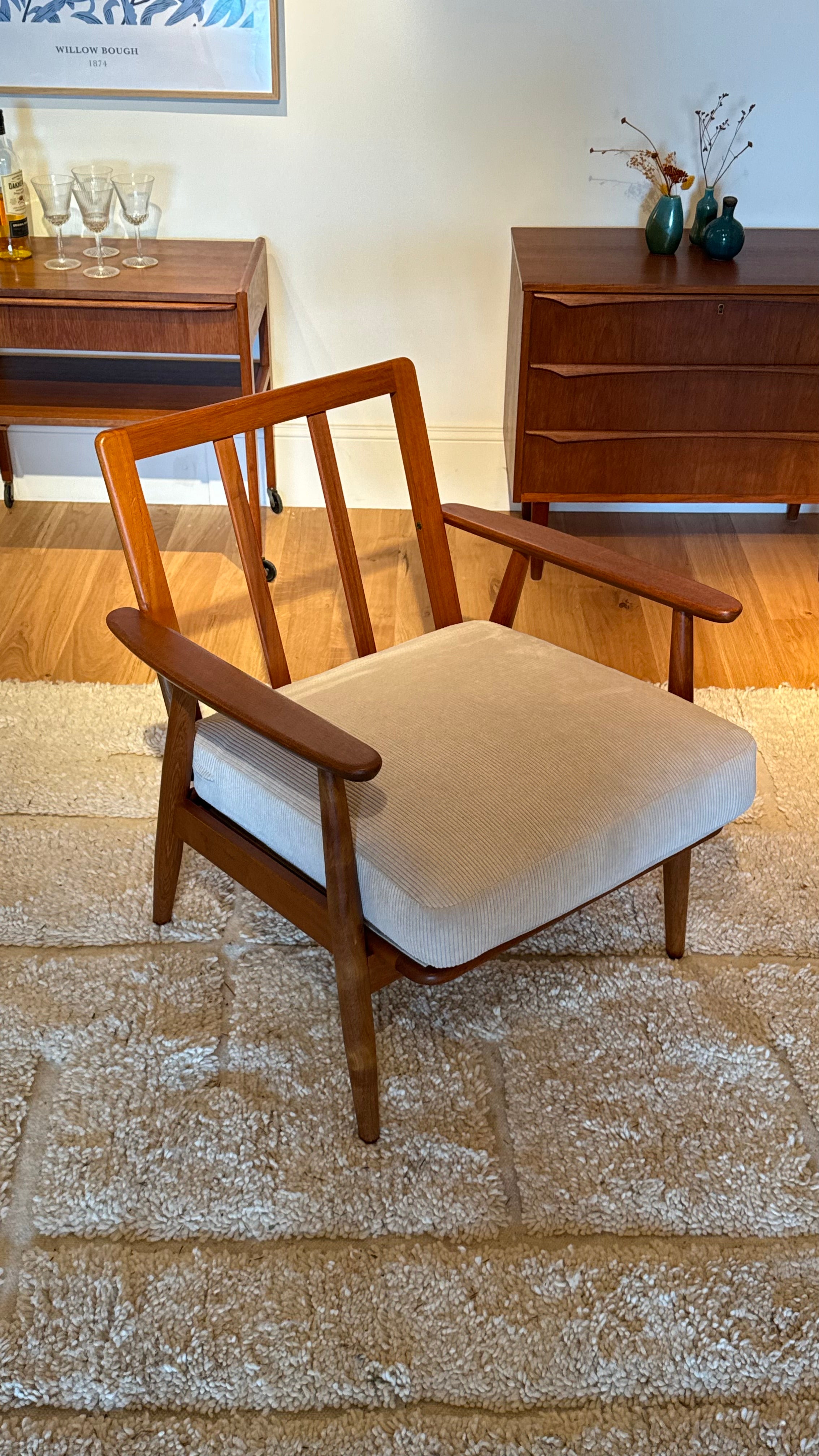 Fauteuil scandinave vintage "Elin" velours petites côtes blanc