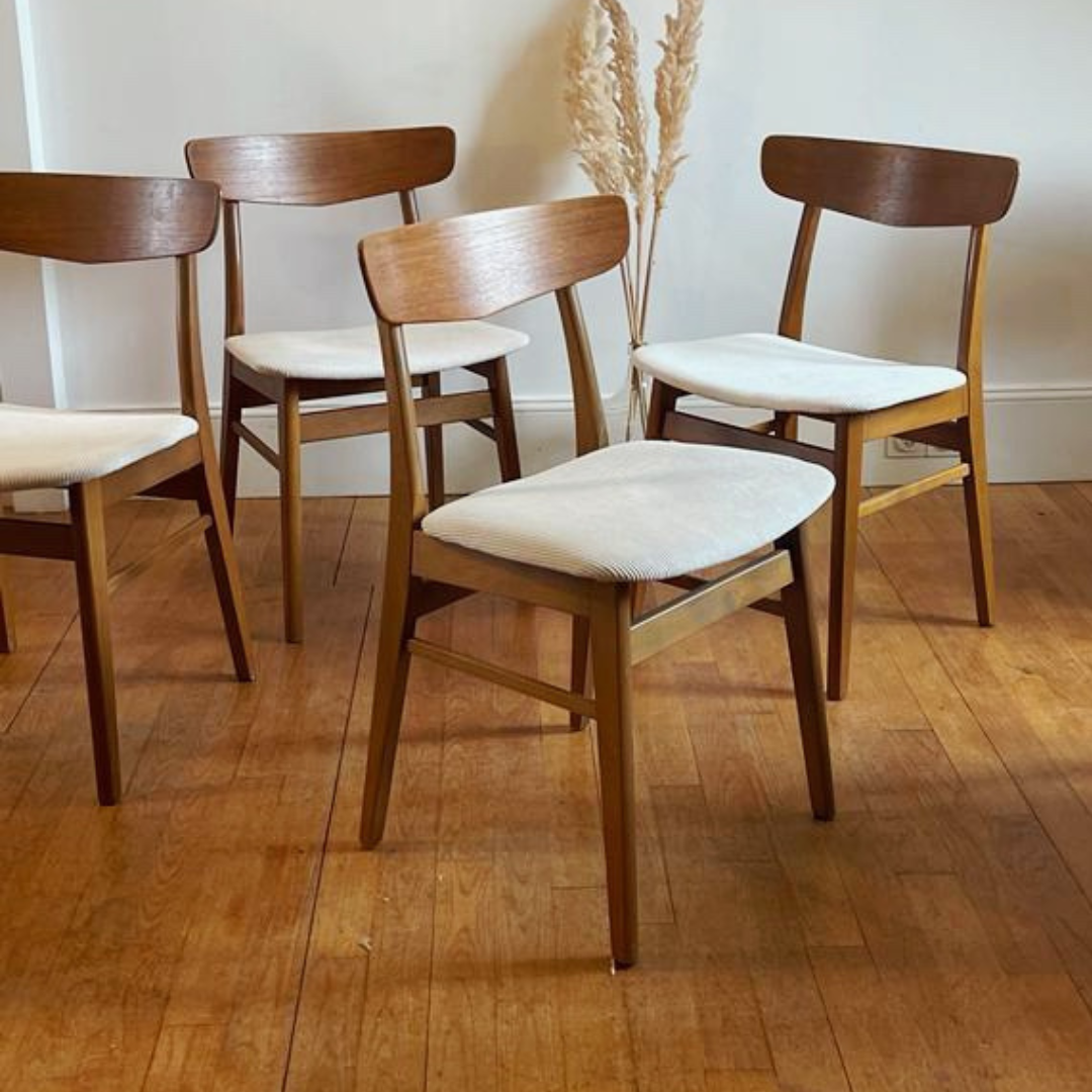 PERSONNALISATION SUR-MESURE | Chaises scandinaves vintage « Greta » en hêtre teinté et teck – Danemark, années 1960