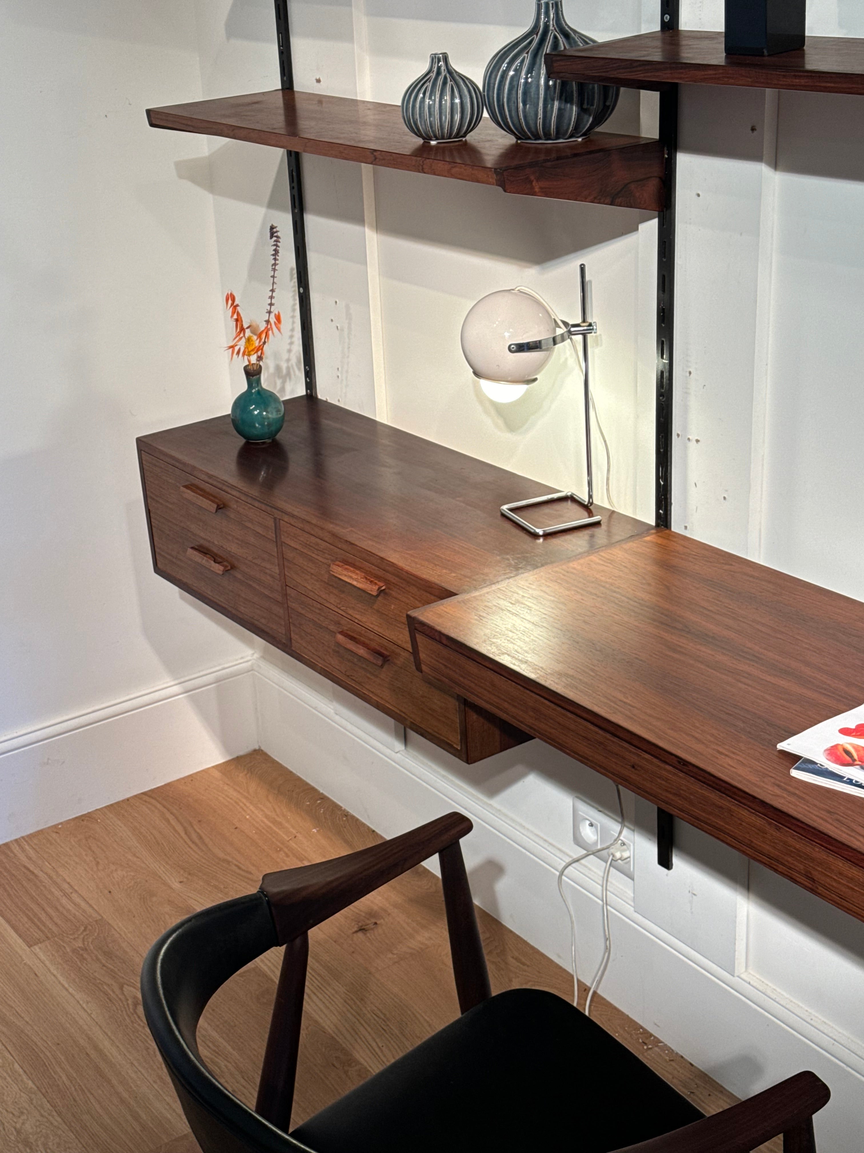 Bibliothèque murale scandinave vintage en teck Kai Kristiansen pour FM Møbler