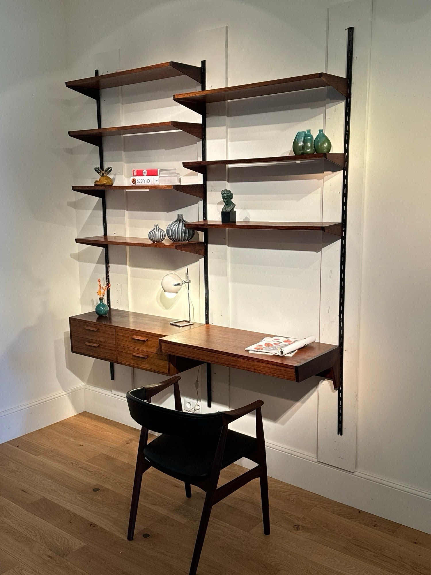 Bibliothèque murale scandinave vintage en teck Kai Kristiansen pour FM Møbler