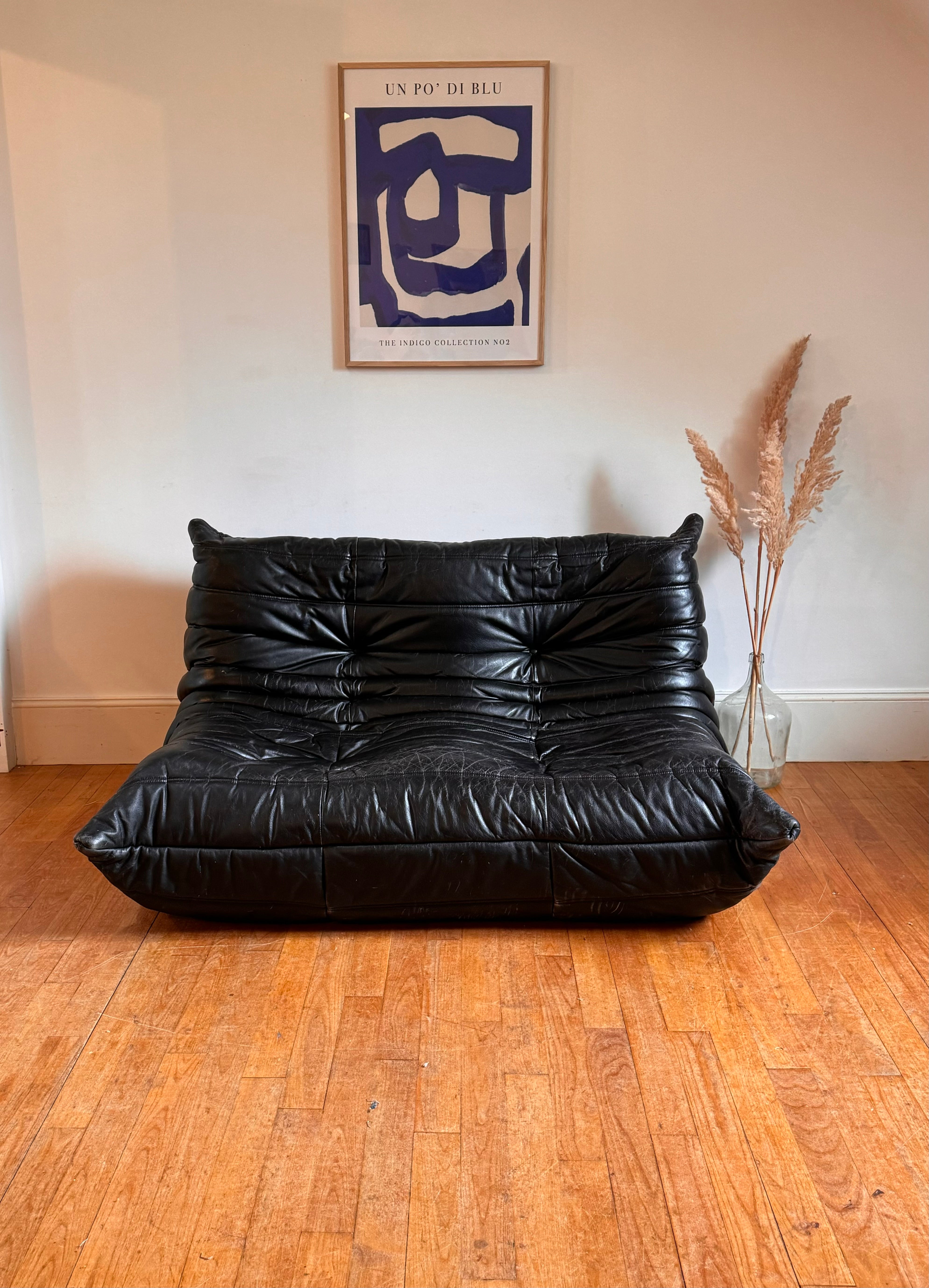 Canapé Togo vintage par Michel Ducaroy pour Ligne Roset en cuir noir