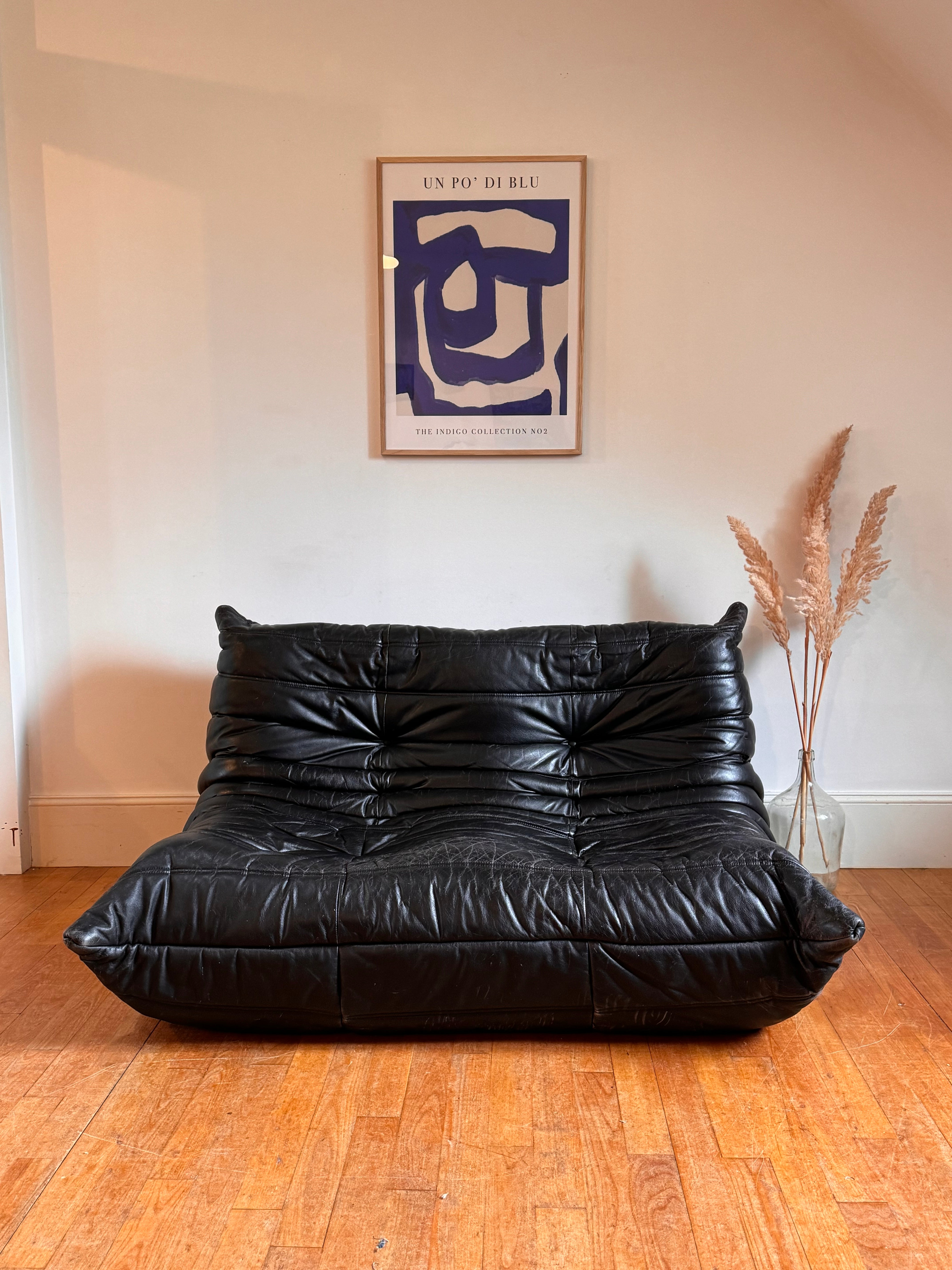 Canapé Togo vintage par Michel Ducaroy pour Ligne Roset en cuir noir