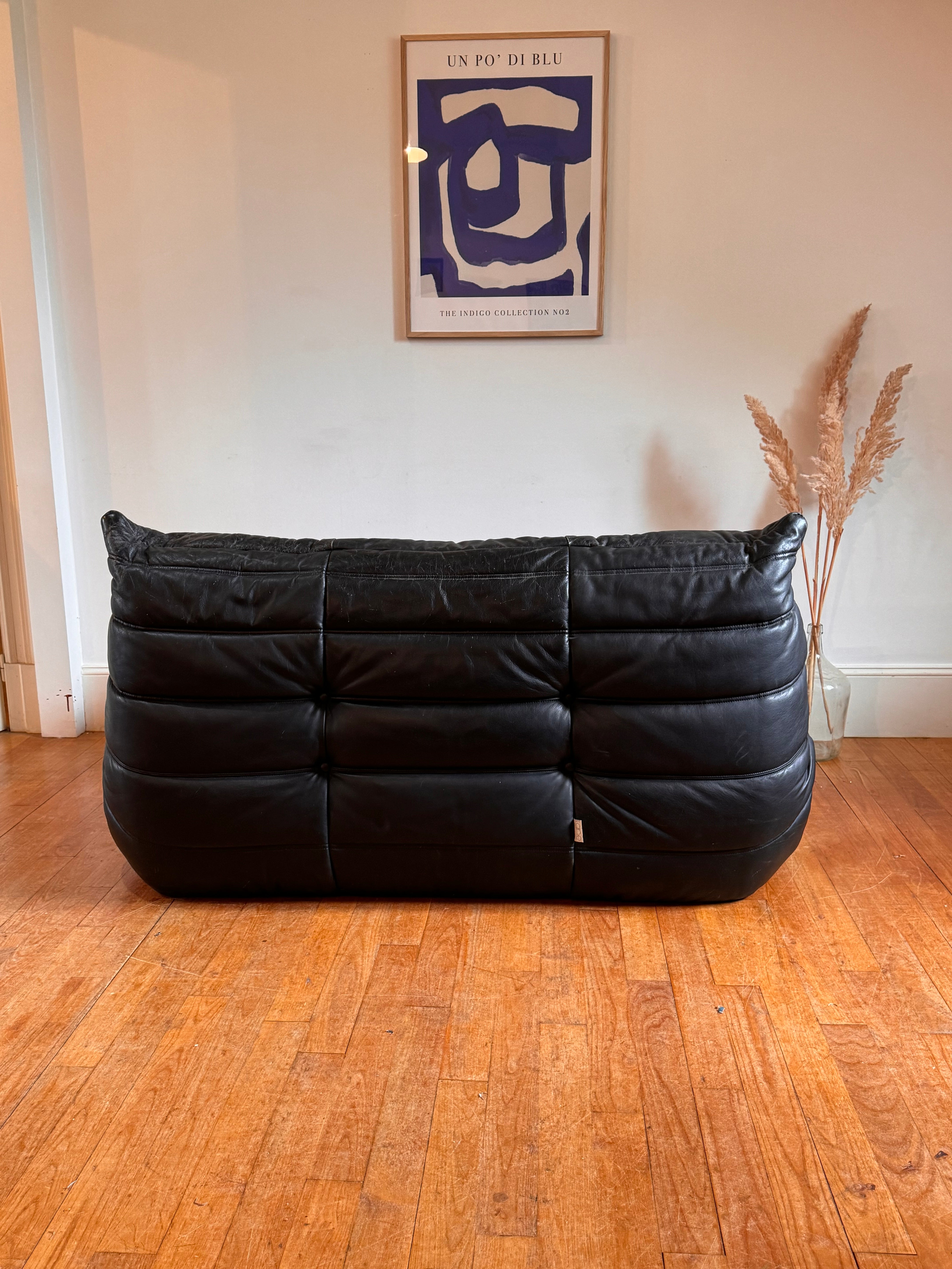 Canapé Togo vintage par Michel Ducaroy pour Ligne Roset en cuir noir