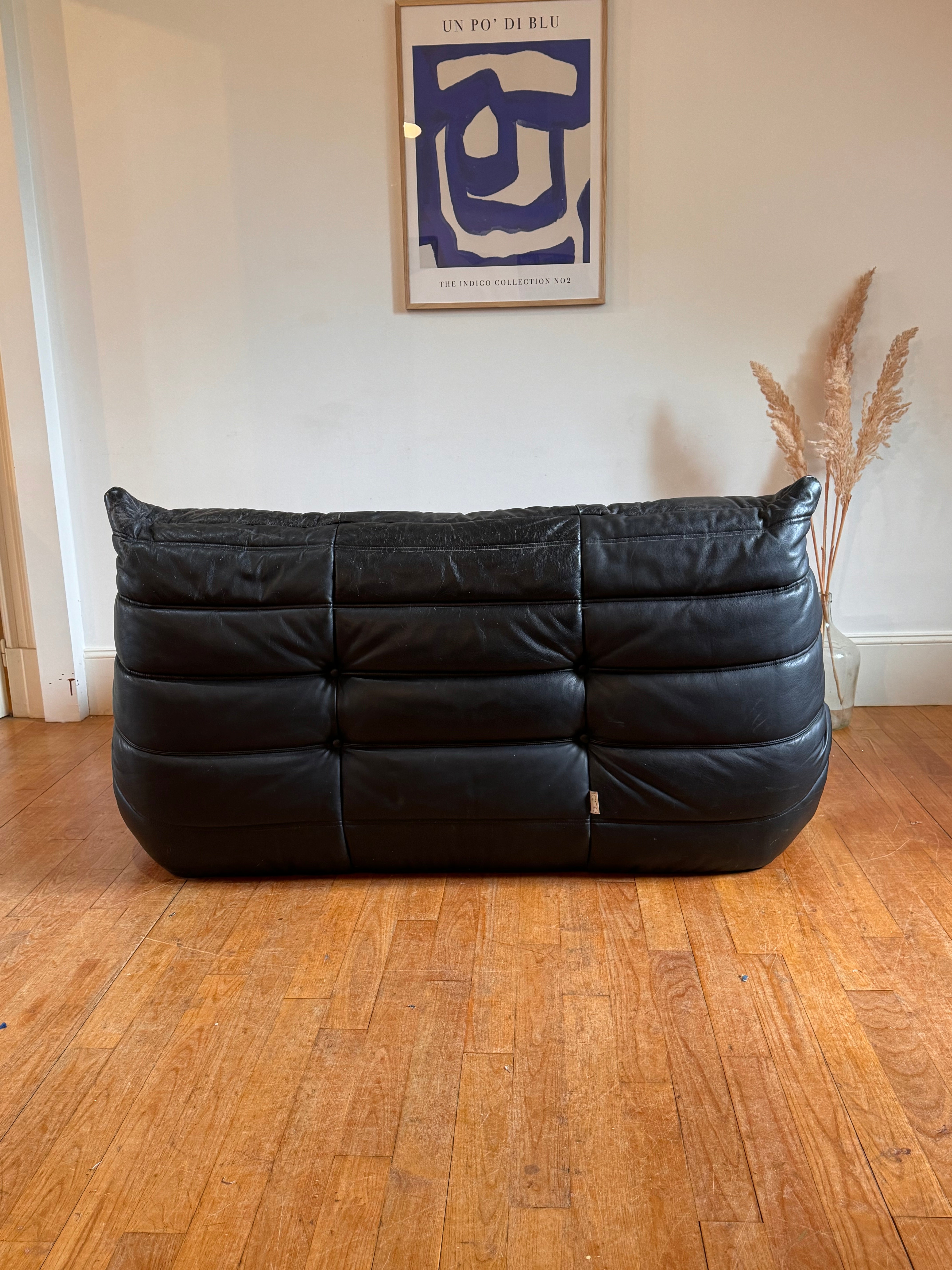 Canapé Togo vintage par Michel Ducaroy pour Ligne Roset en cuir noir