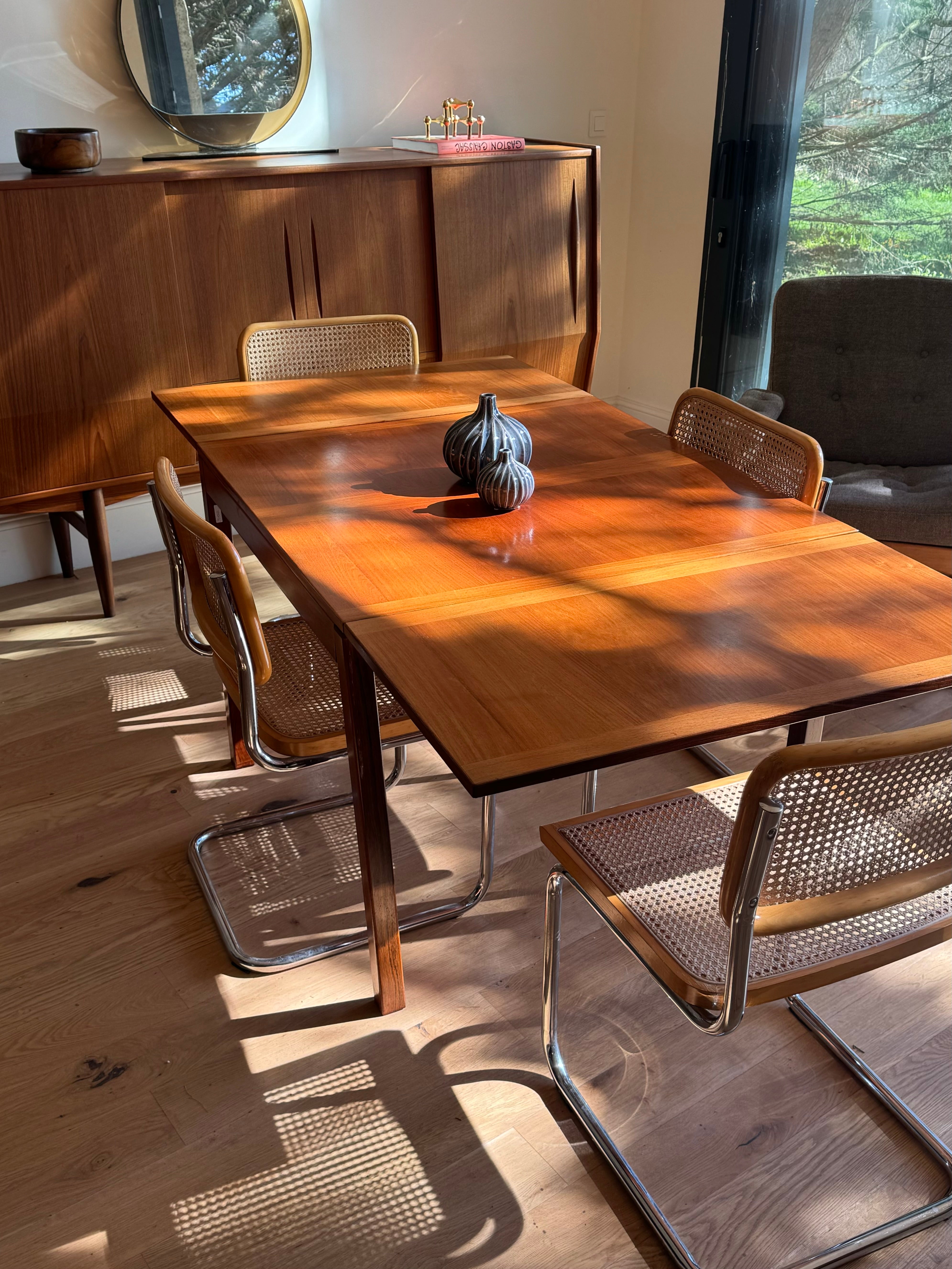 Table de salle à manger scandinave vintage en teck avec rallonges pliables "Lina"